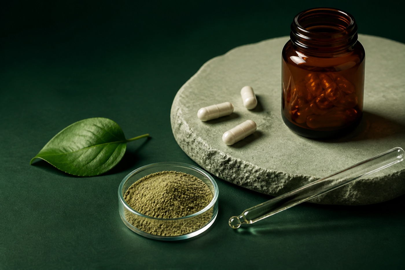Frasco âmbar, cápsulas e ingrediente botânico em composição precisa